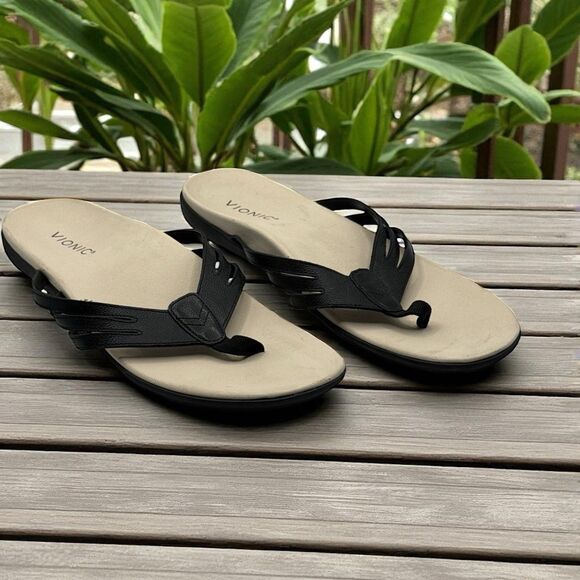 Vionic Women's Black Thong Post Alta Leather Comfort Walking Sandals Size 10 M - Picture 1 of 6